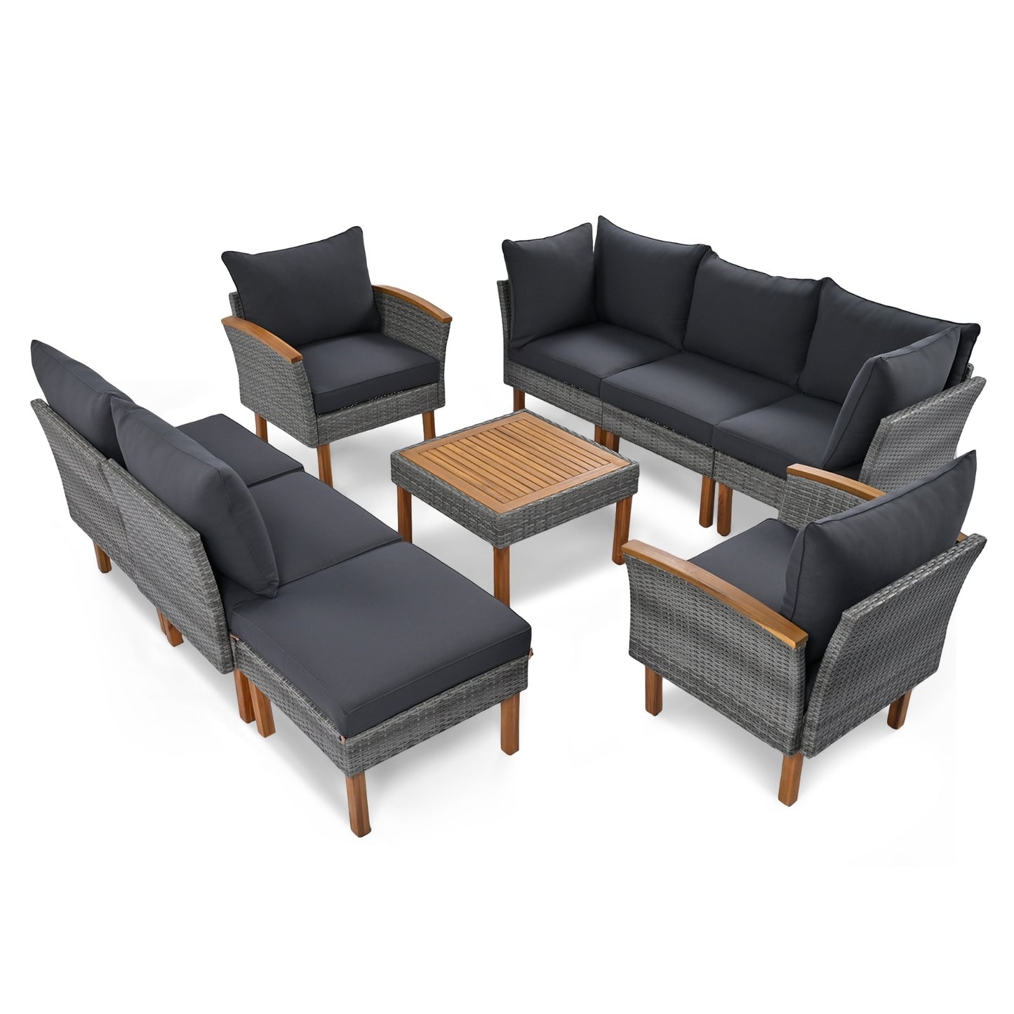 9-Piece Outdoor Rattan Patio Furniture Set – Acacia Wood Legs & Tabletop, Dining Set with Cushions