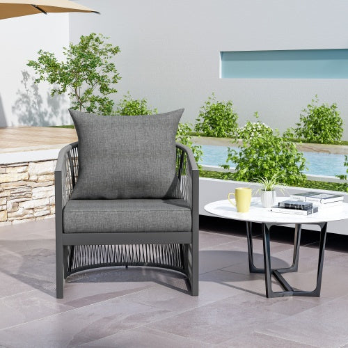 Modern Gray Curved Aluminum Lounge Chair – Elegant Outdoor Seat with Cushions