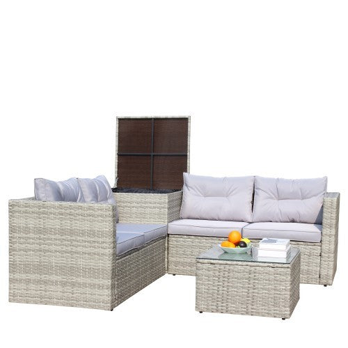 4-Piece Outdoor Sectional Set – Grey Sofa with Cushions & Storage Box