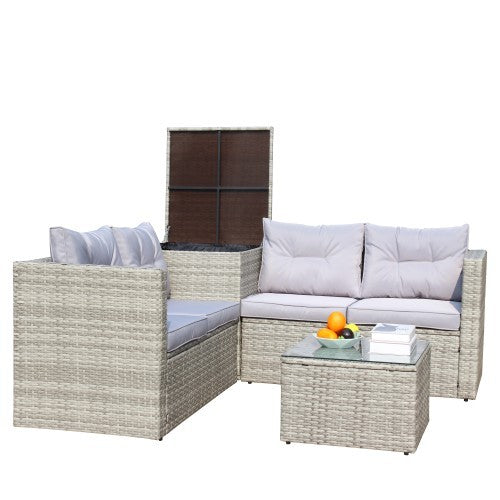 4-Piece Outdoor Sectional Set – Grey Sofa with Cushions & Storage Box
