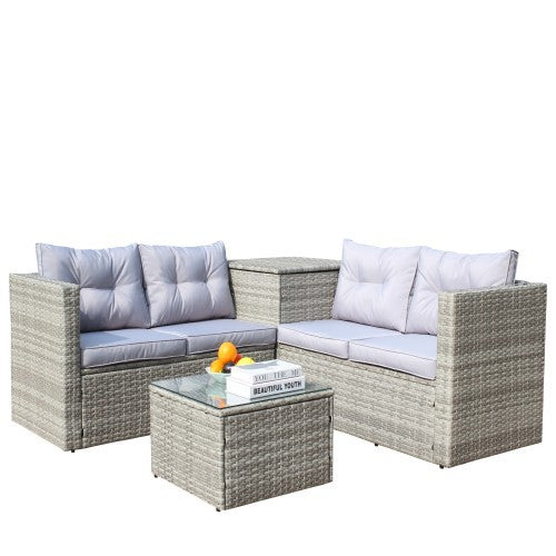 4-Piece Outdoor Sectional Set – Grey Sofa with Cushions & Storage Box
