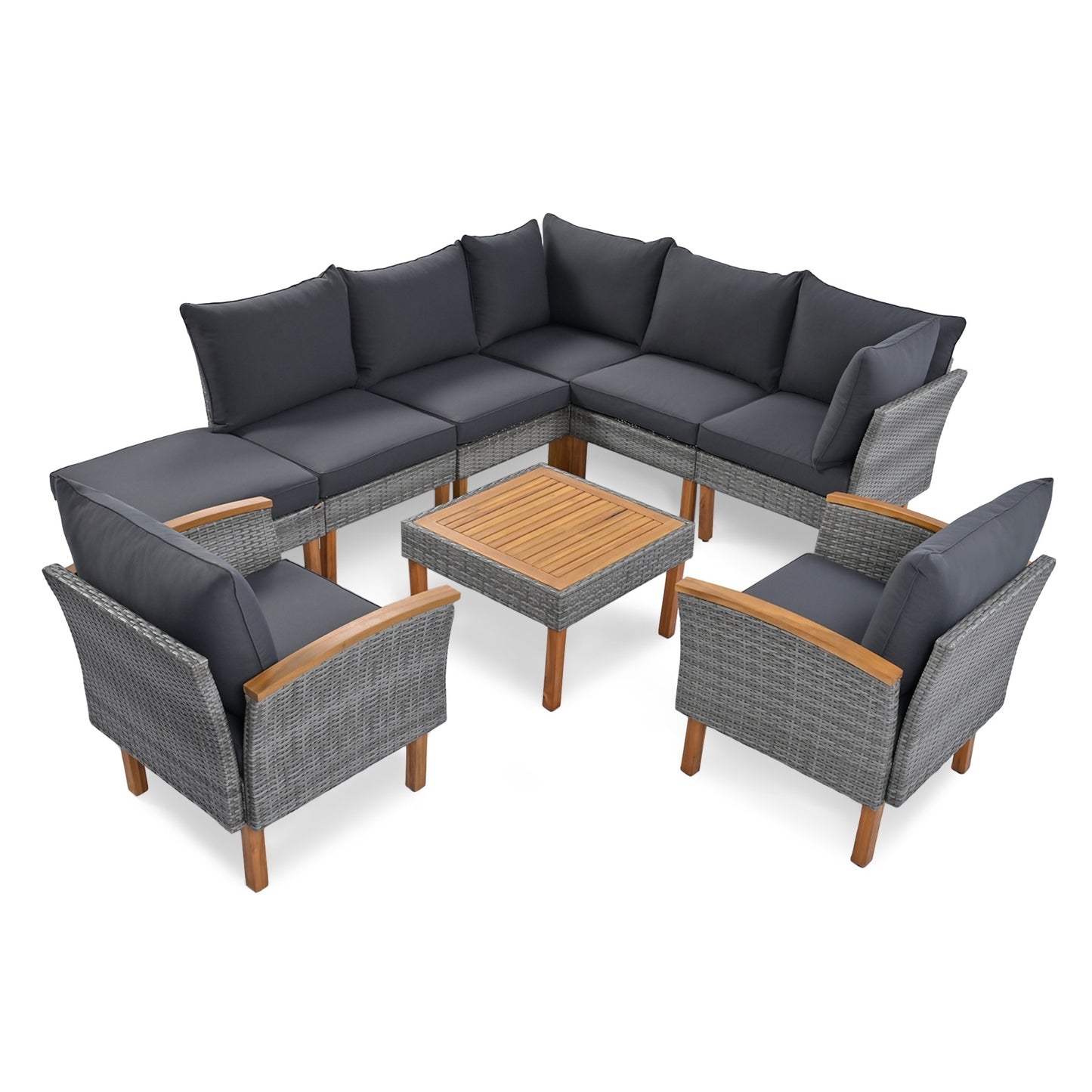 9-Piece Outdoor Rattan Patio Furniture Set – Acacia Wood Legs & Tabletop, Dining Set with Cushions