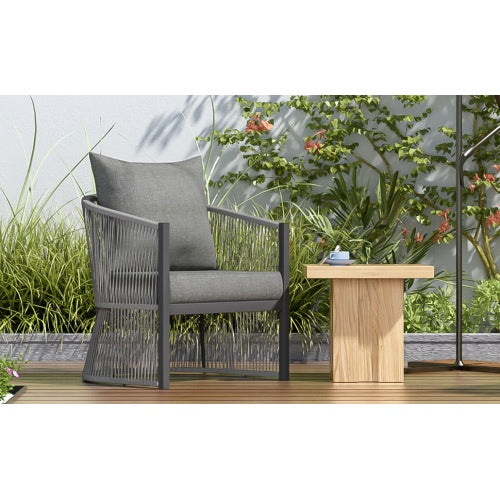 Modern Gray Curved Aluminum Lounge Chair – Elegant Outdoor Seat with Cushions