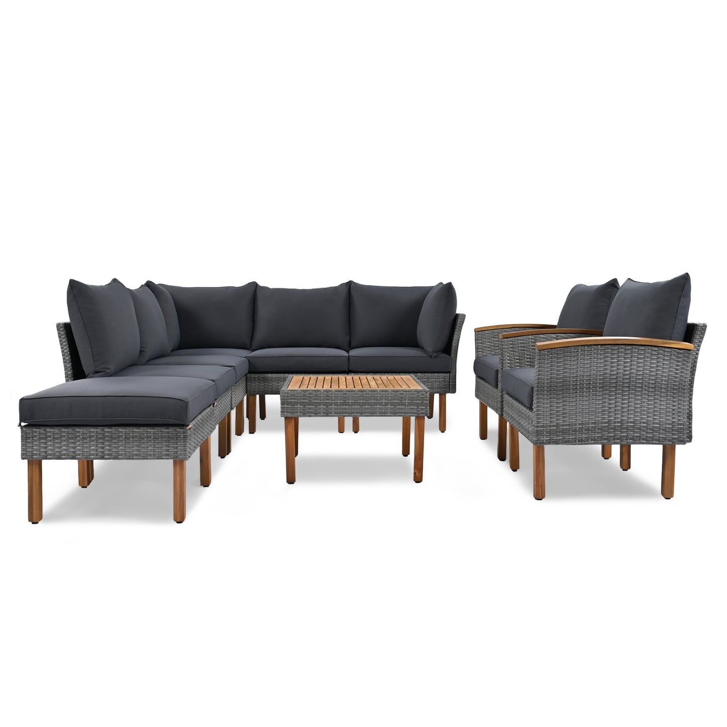9-Piece Outdoor Rattan Patio Furniture Set – Acacia Wood Legs & Tabletop, Dining Set with Cushions