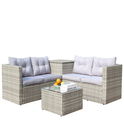 4-Piece Outdoor Sectional Set – Grey Sofa with Cushions & Storage Box