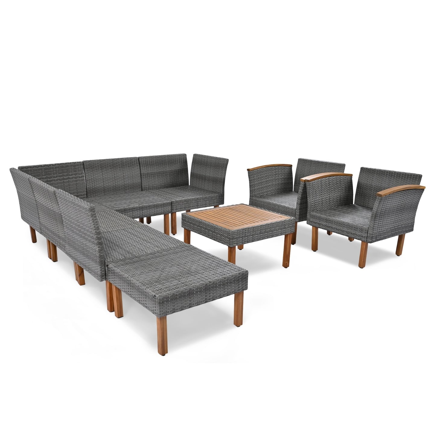 9-Piece Outdoor Rattan Patio Furniture Set – Acacia Wood Legs & Tabletop, Dining Set with Cushions