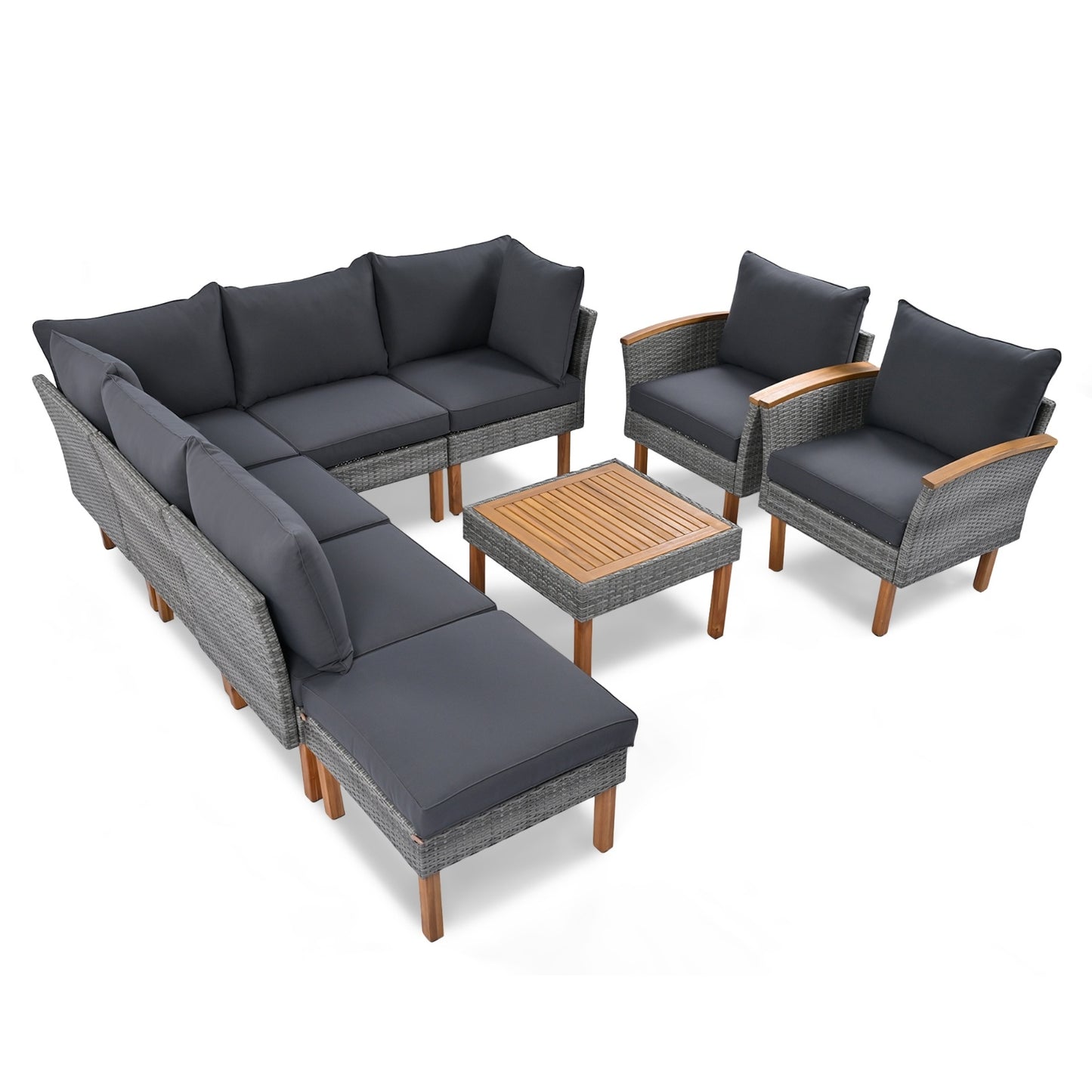 9-Piece Outdoor Rattan Patio Furniture Set – Acacia Wood Legs & Tabletop, Dining Set with Cushions