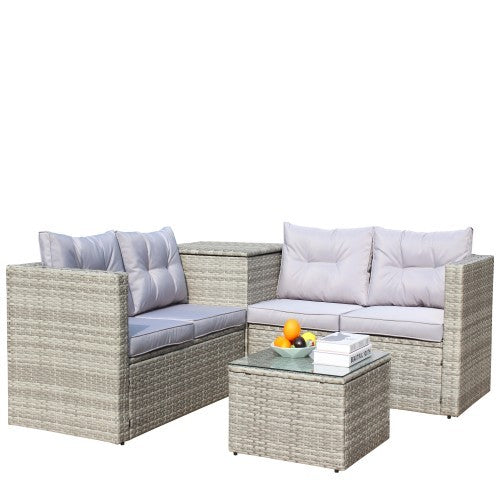 4-Piece Outdoor Sectional Set – Grey Sofa with Cushions & Storage Box