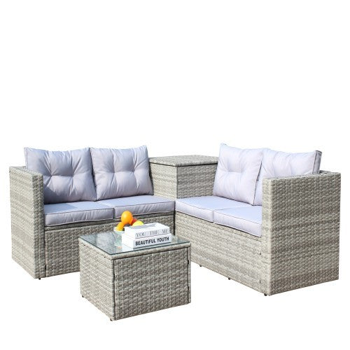4-Piece Outdoor Sectional Set – Grey Sofa with Cushions & Storage Box
