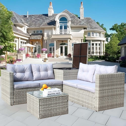 4-Piece Outdoor Sectional Set – Grey Sofa with Cushions & Storage Box