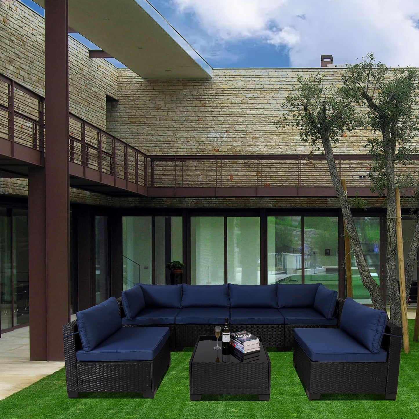 7-Piece Outdoor Patio Set – Black Rattan Outdoor Furniture with Washable Cushions & Glass Coffee Table