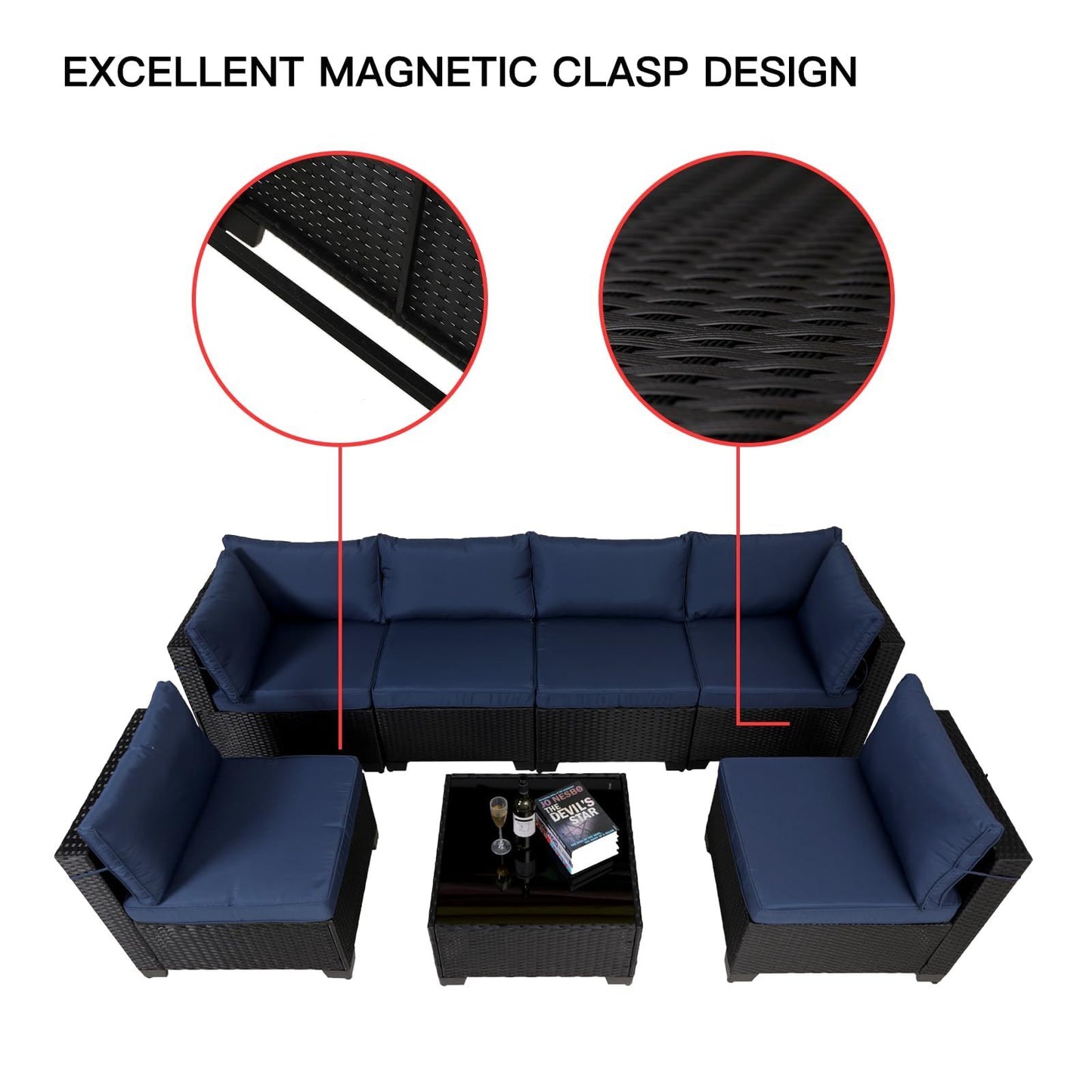 7-Piece Outdoor Patio Set – Black Rattan Outdoor Furniture with Washable Cushions & Glass Coffee Table
