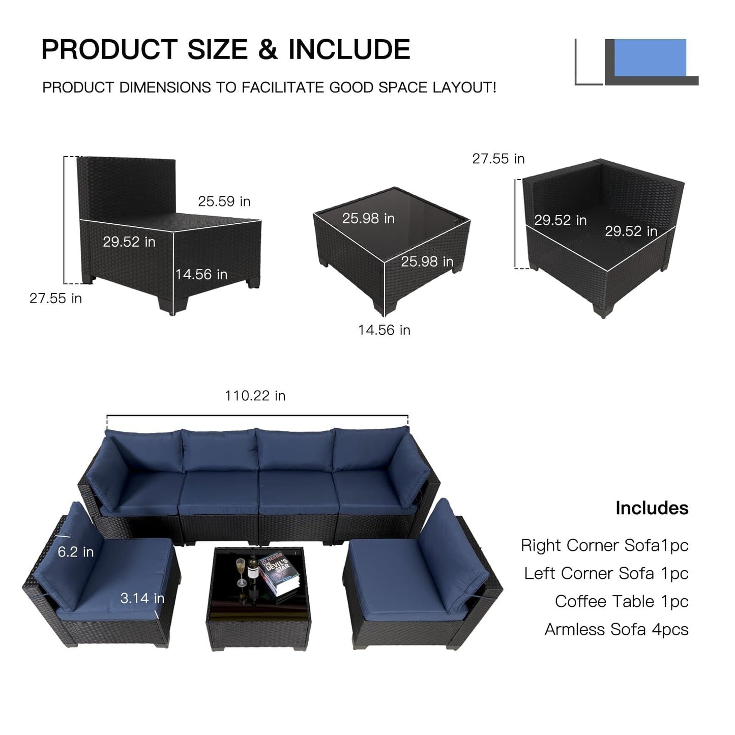 7-Piece Outdoor Patio Set – Black Rattan Outdoor Furniture with Washable Cushions & Glass Coffee Table