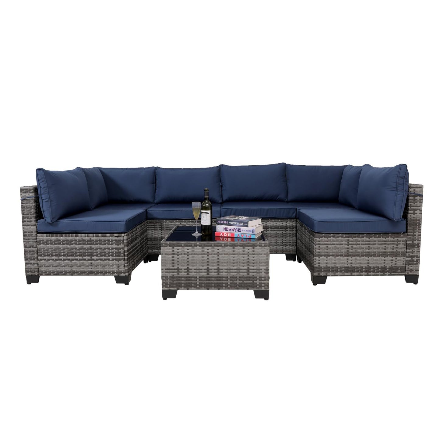 7-Piece Outdoor Patio Set – Black Rattan Outdoor Furniture with Washable Cushions & Glass Coffee Table