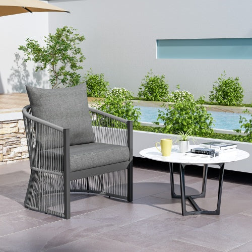 Modern Gray Curved Aluminum Lounge Chair – Elegant Outdoor Seat with Cushions