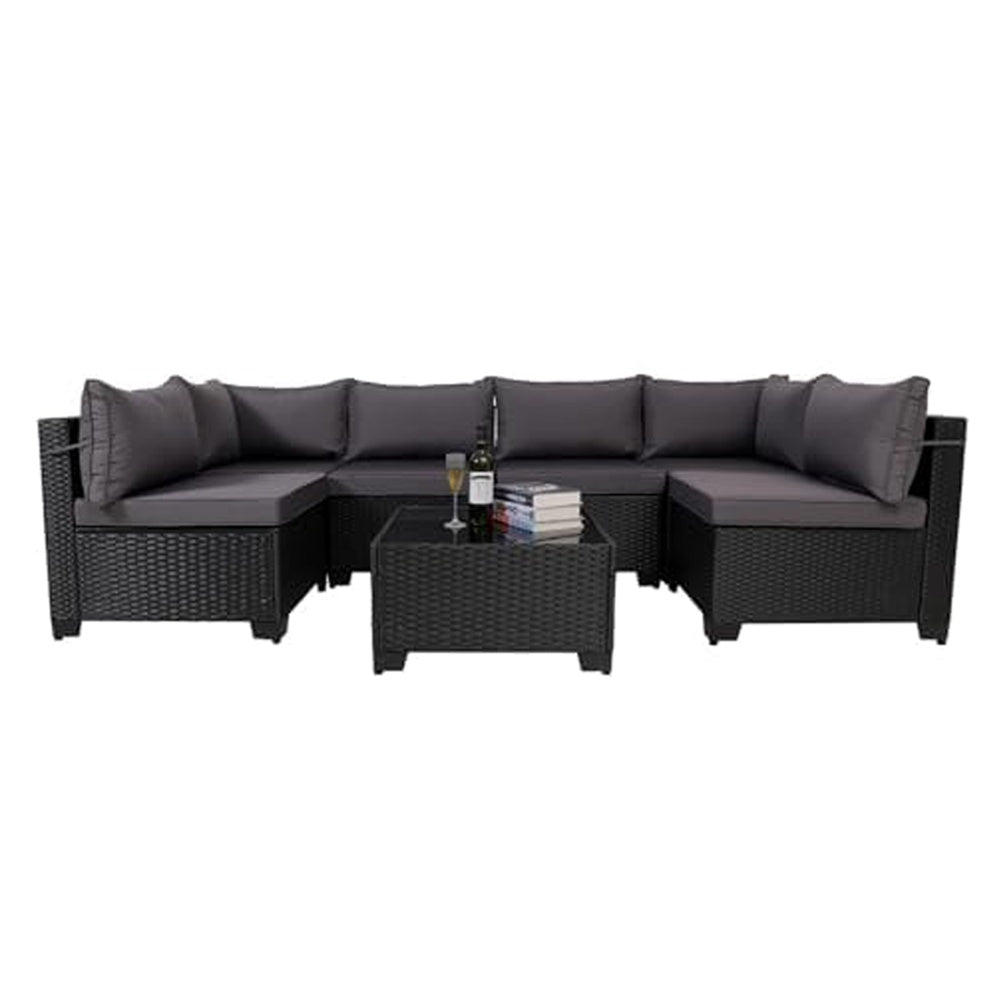7-Piece Outdoor Patio Set – Black Rattan Outdoor Furniture with Washable Cushions & Glass Coffee Table
