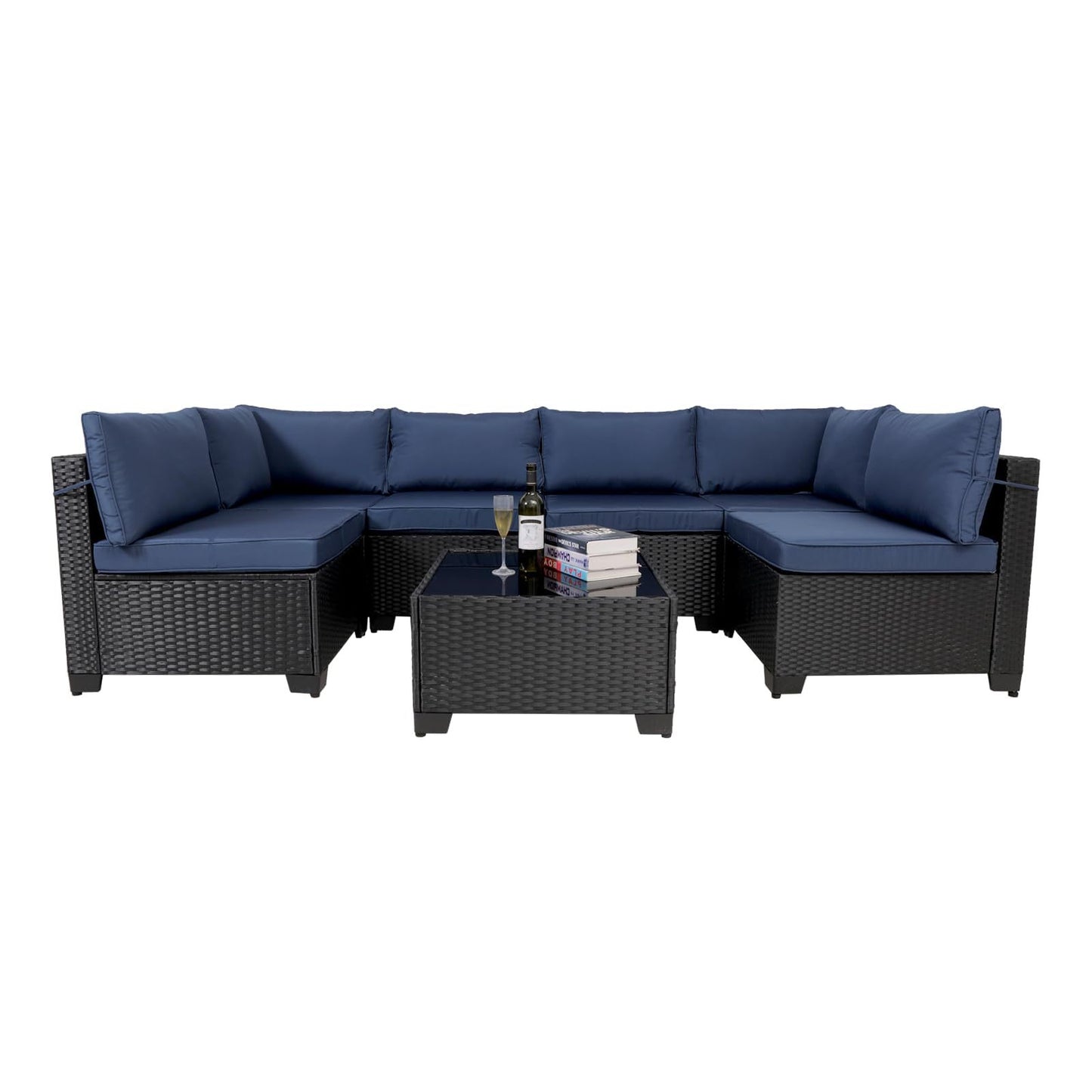 7-Piece Outdoor Patio Set – Black Rattan Outdoor Furniture with Washable Cushions & Glass Coffee Table