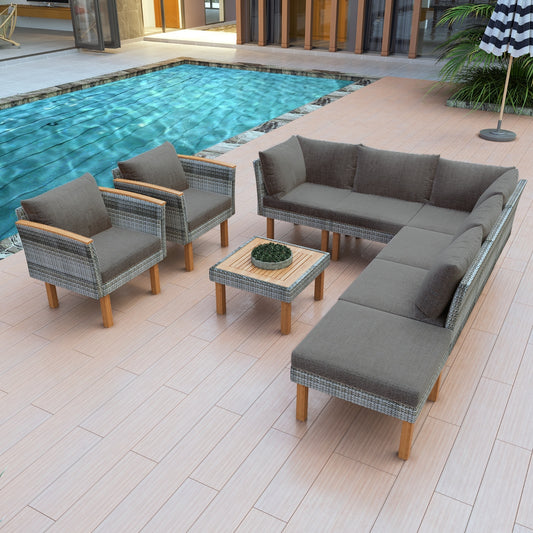 9-Piece Outdoor Rattan Patio Furniture Set – Acacia Wood Legs & Tabletop, Dining Set with Cushions