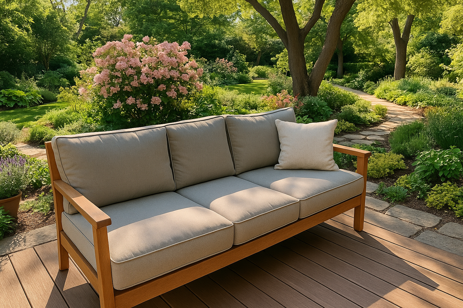 an outdoor couch. a pic taken with and iphone. outdoors in a house garden