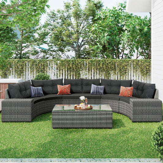 8-Piece Outdoor Round Sofa Set – Half-Moon Curved Sectional with All-Weather Cushions