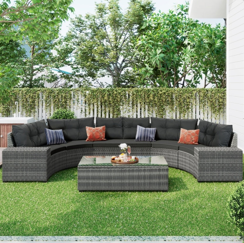 8-Piece Outdoor Round Sofa Set – Half-Moon Curved Sectional with All-Weather Cushions