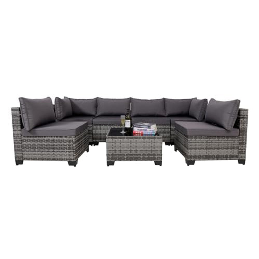 7-Piece Outdoor Patio Set – Black Rattan Outdoor Furniture with Washable Cushions & Glass Coffee Table